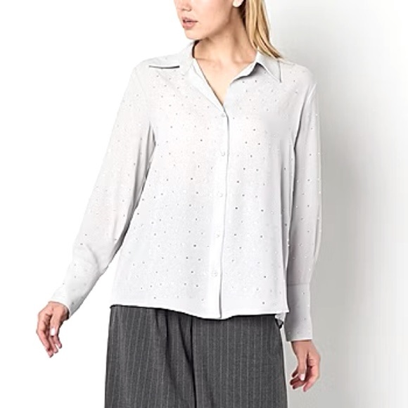 Worthington Womens Long Sleeve Rhinestones Button-Down Shirt - Picture 1 of 5
